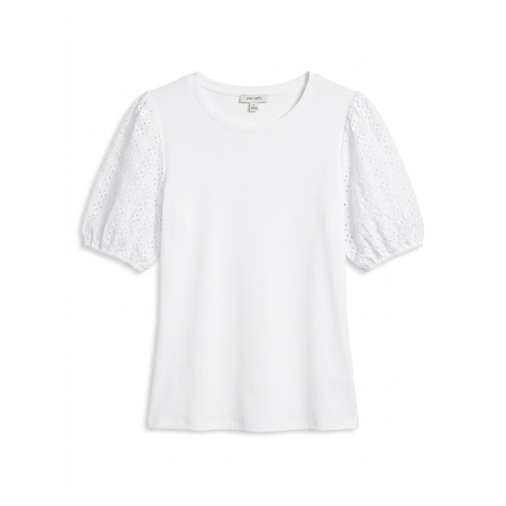 On 34th Women White Ribbed Eyelet Bubble Sleeve Knit Top Large